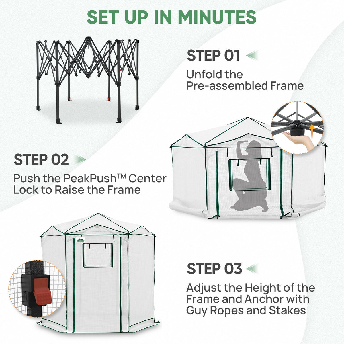 6.6x6.6/8.5x8.5 Easy Setup Pop Up Greenhouse, Hexagon - Eagle Peak®