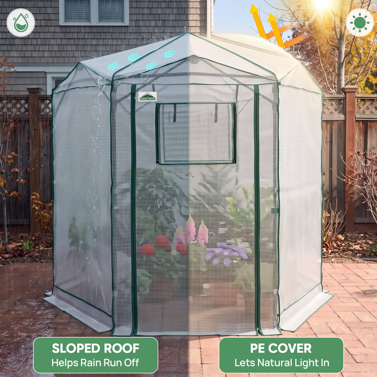 6.6x6.6/8.5x8.5 Easy Setup Pop Up Greenhouse, Hexagon - Eagle Peak®