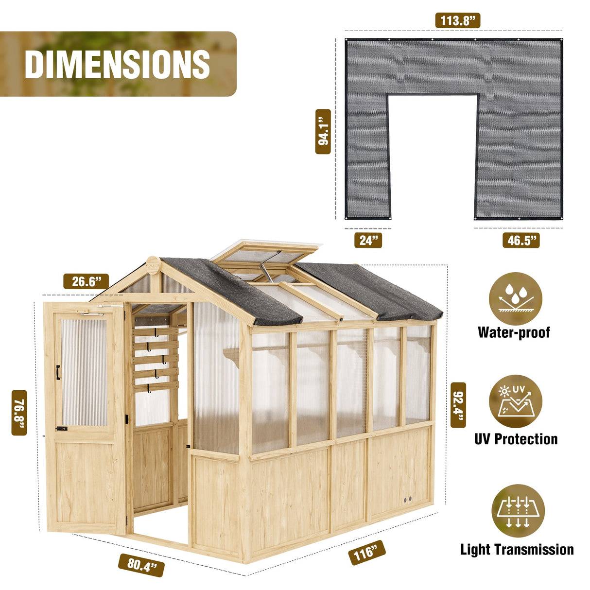 6.7x6x7.7 ft / 6.7x7.8x7.7 ft/ 6.7x9.7x7.7 ft Wood Greenhouse - Eagle Peak Custom Canopy Tent