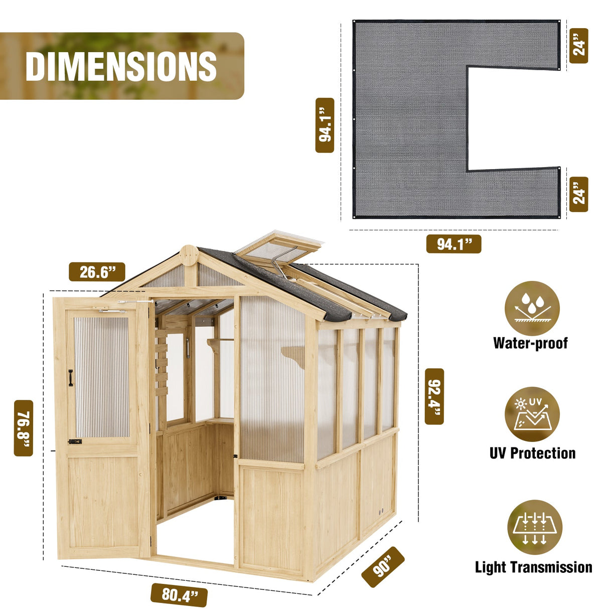 6.7x6x7.7 ft / 6.7x7.8x7.7 ft/ 6.7x9.7x7.7 ft Wood Greenhouse - Eagle Peak Custom Canopy Tent