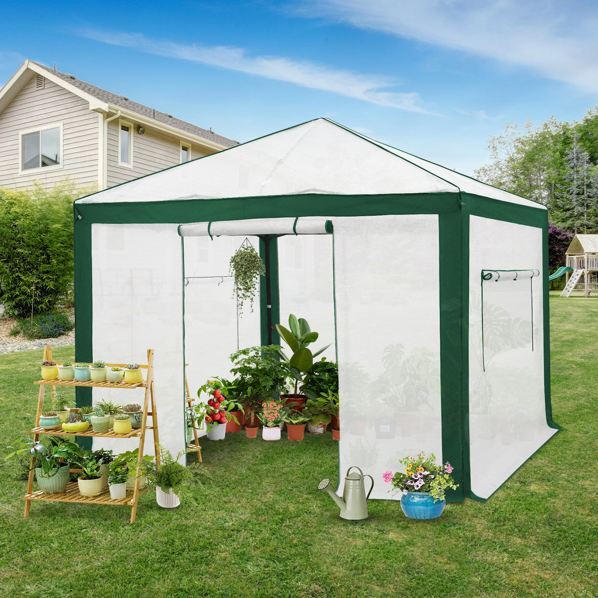 6x4/12x8/10x10 Portable Walk in Greenhouse with Polyester Reinforced Corners, Gray/White, Green/White - Eagle Peak Custom Canopy Tent