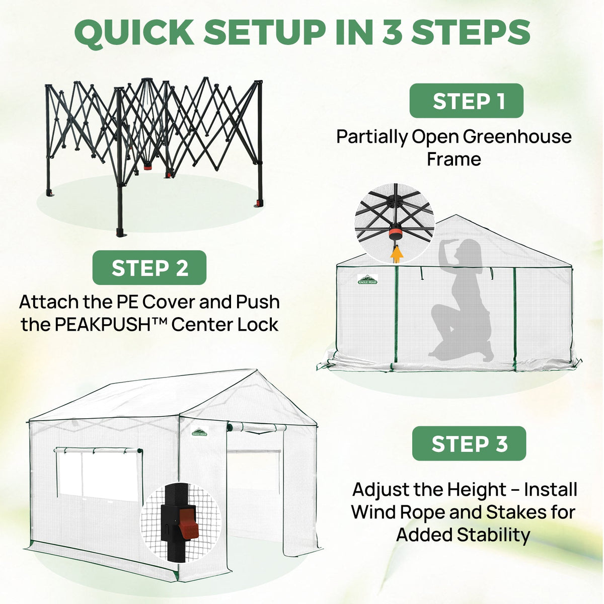 6x6/ 6x8/ 8x8/ 10x10 Pop Up Walk In Greenhouse, Easy Setup, Gable Roof - Eagle Peak®