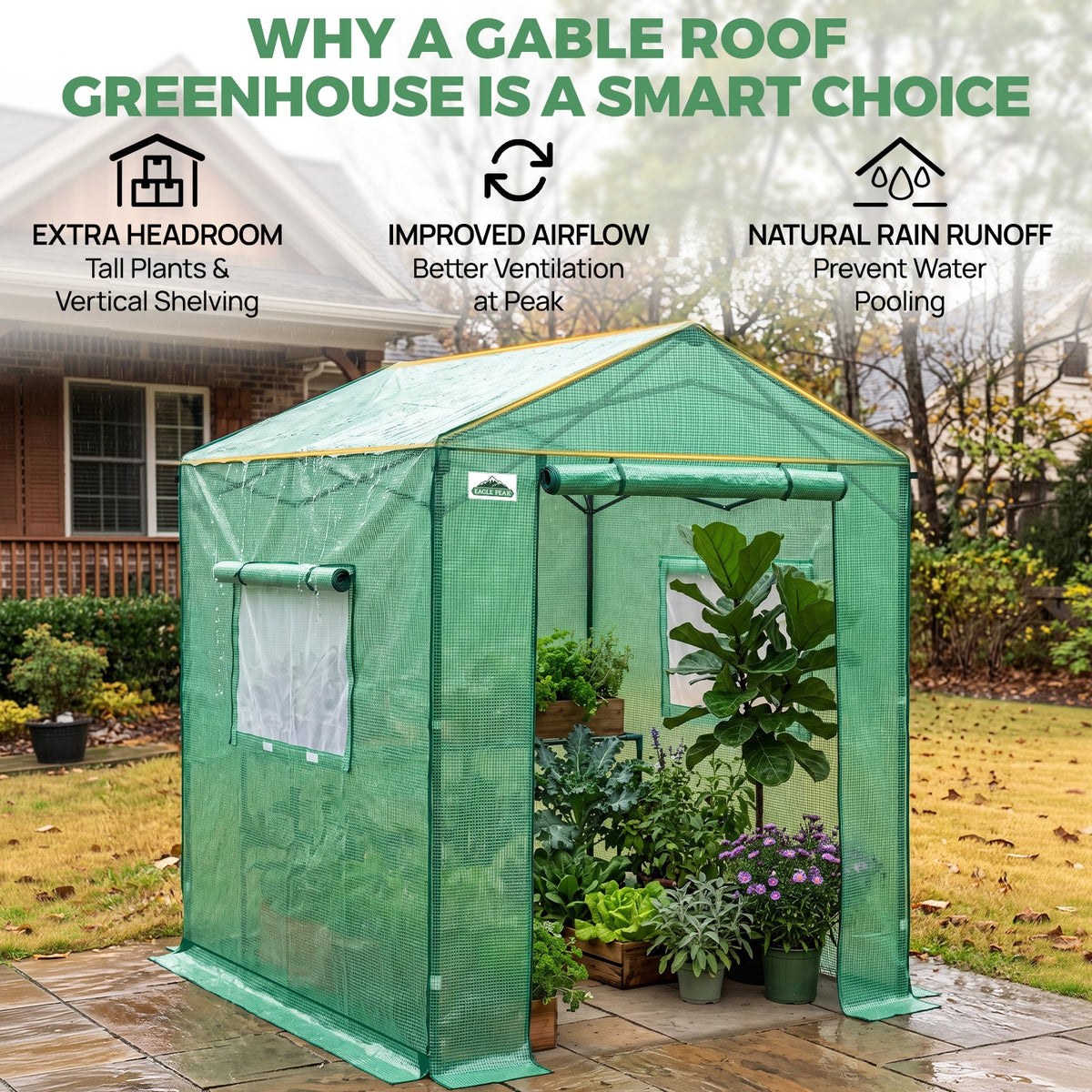 6x6/ 6x8/ 8x8/ 10x10 Pop Up Walk In Greenhouse, Easy Setup, Gable Roof - Eagle Peak®