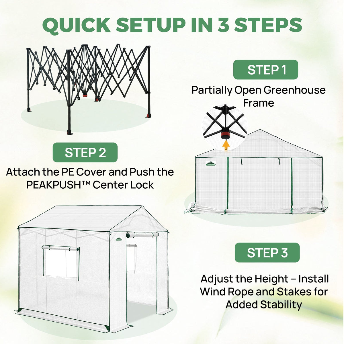 6x6/ 6x8/ 8x8/ 10x10 Pop Up Walk In Greenhouse, Easy Setup, Gable Roof - Eagle Peak®