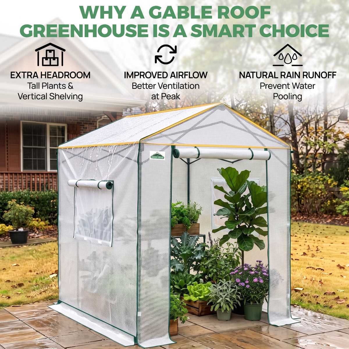6x6/ 6x8/ 8x8/ 10x10 Pop Up Walk In Greenhouse, Easy Setup, Gable Roof - Eagle Peak®