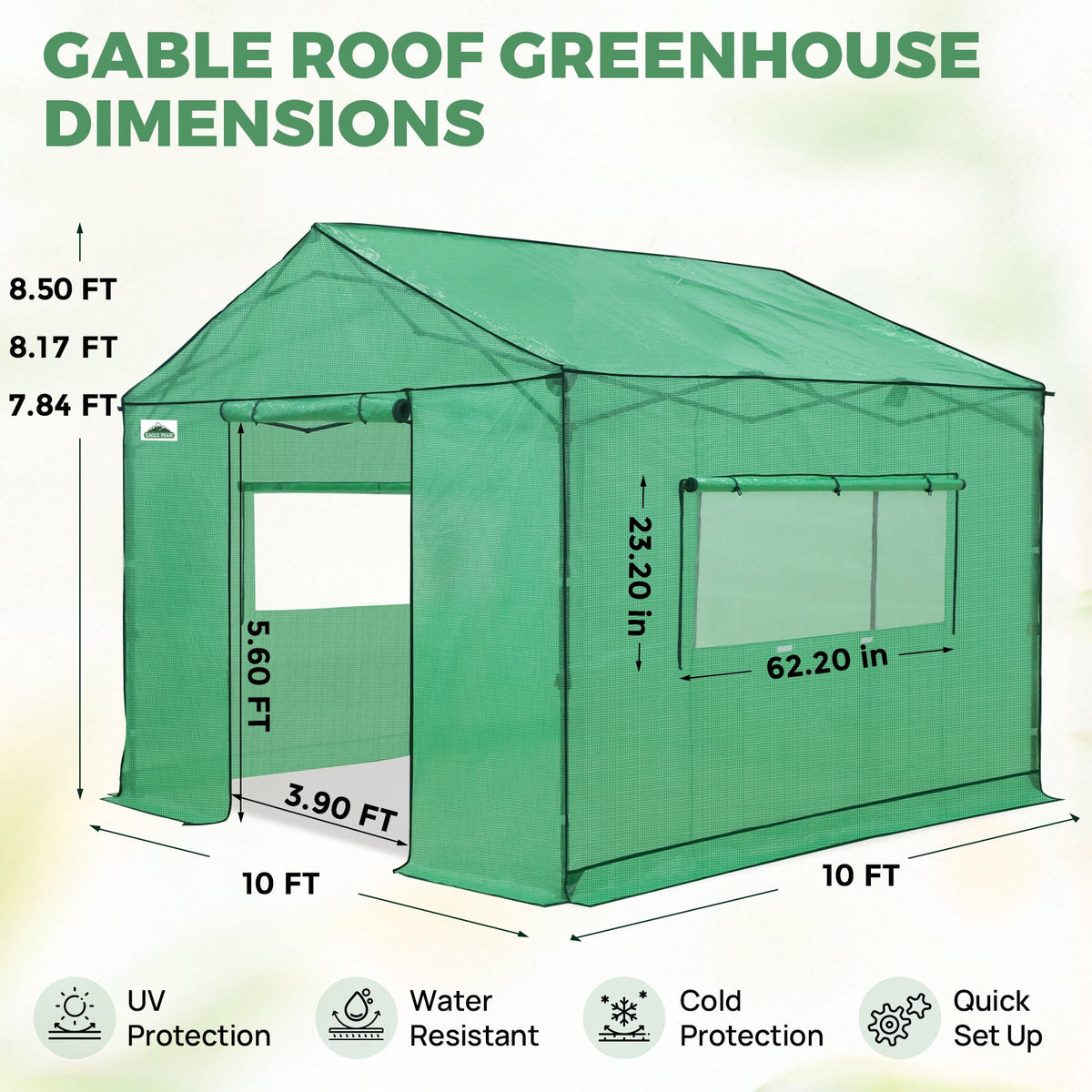 6x6/ 6x8/ 8x8/ 10x10 Pop Up Walk In Greenhouse, Easy Setup, Gable Roof - Eagle Peak®