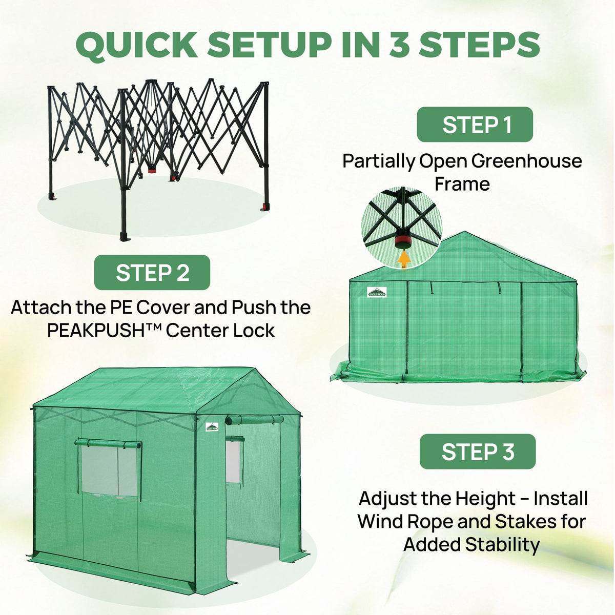 6x6/ 6x8/ 8x8/ 10x10 Pop Up Walk In Greenhouse, Easy Setup, Gable Roof - Eagle Peak®