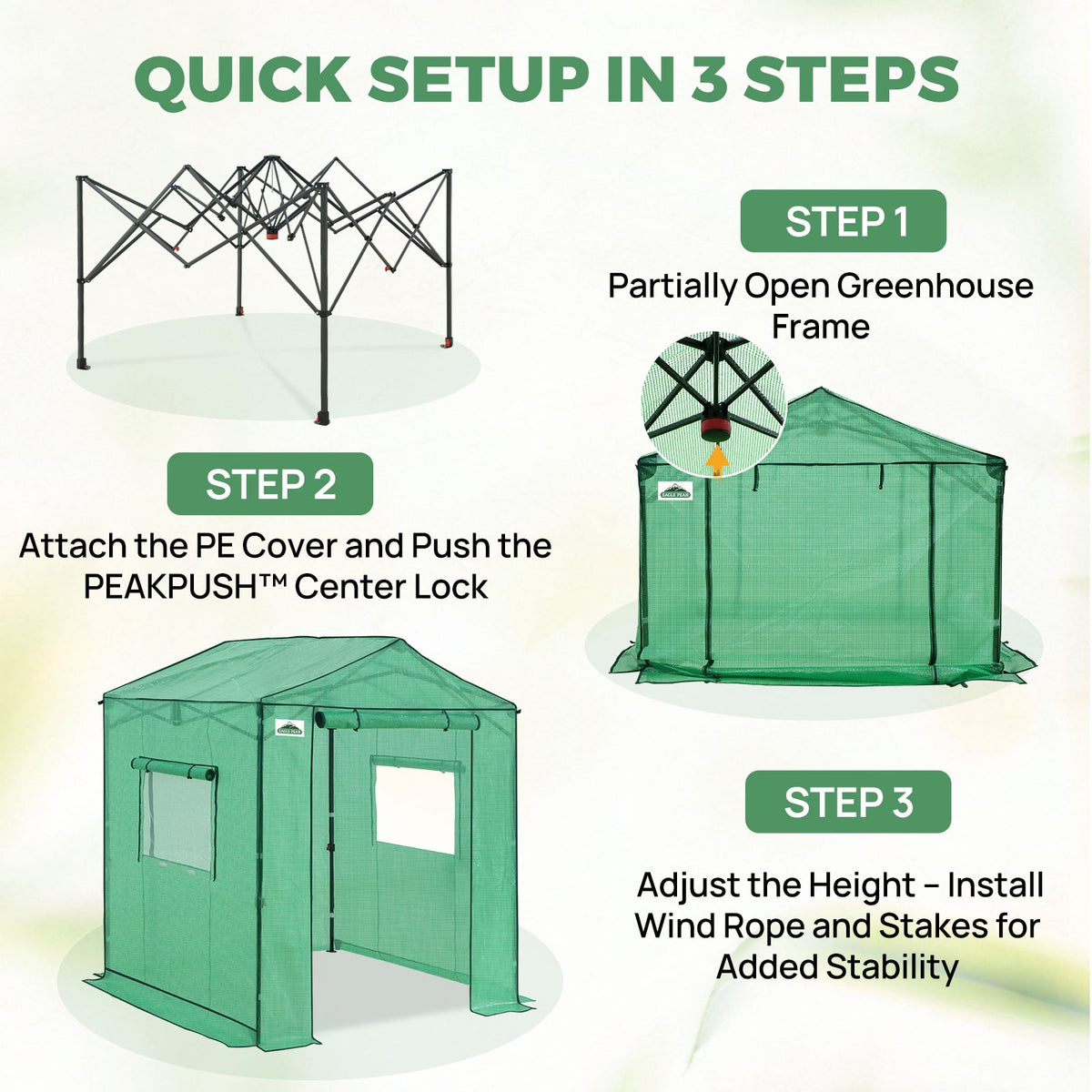 6x6/ 6x8/ 8x8/ 10x10 Pop Up Walk In Greenhouse, Easy Setup, Gable Roof - Eagle Peak®