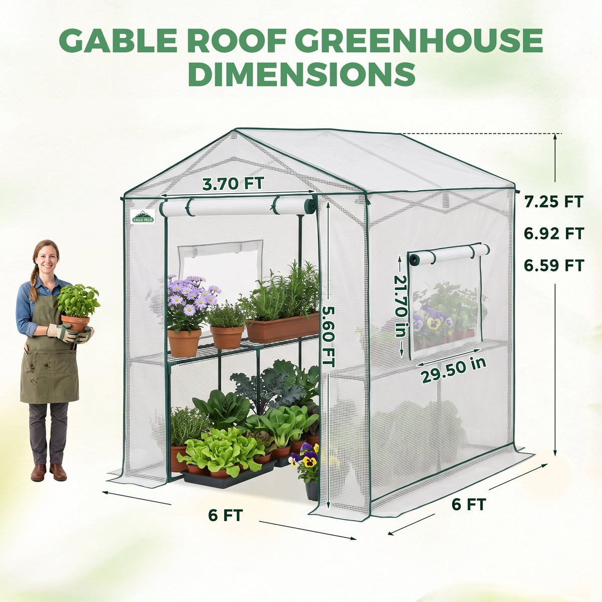 6x6/ 6x8/ 8x8/ 10x10 Pop Up Walk In Greenhouse, Easy Setup, Gable Roof - Eagle Peak®