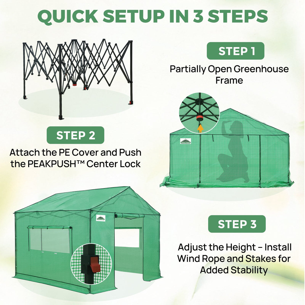 6x6/ 6x8/ 8x8/ 10x10 Pop Up Walk In Greenhouse, Easy Setup, Gable Roof - Eagle Peak®