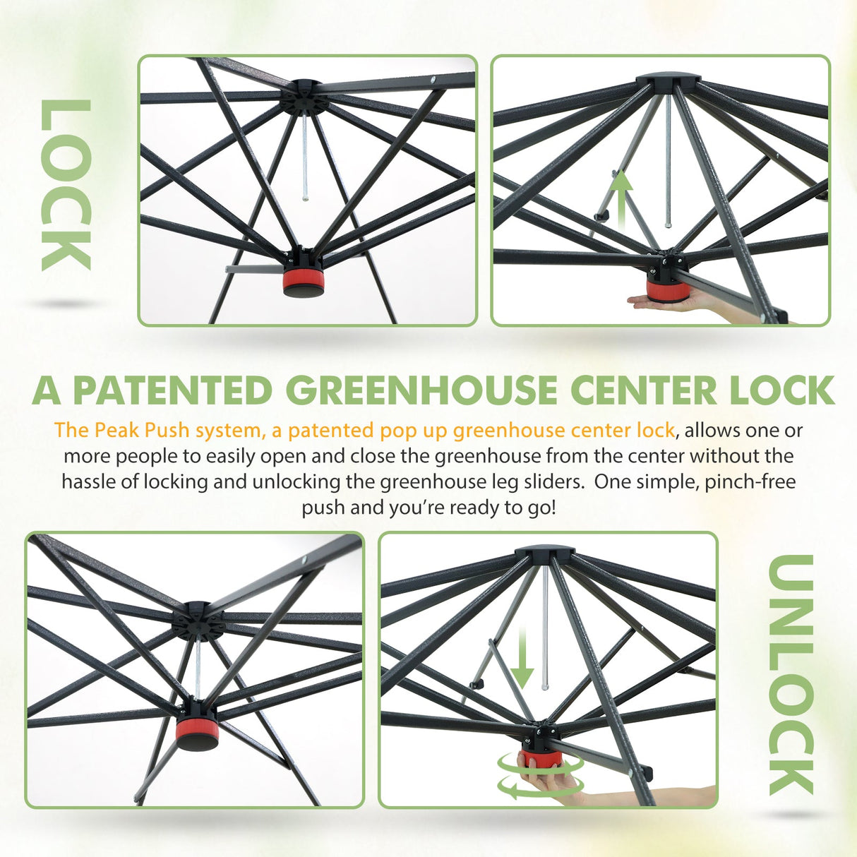 6x6/ 8x8/ 10x10 Portable Pop Up Greenhouse, Patented Center Lock with Gable Roof - Eagle Peak®