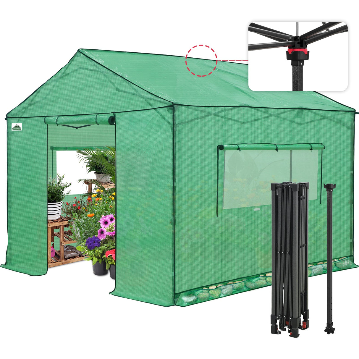 6x6/ 8x8/ 10x10 Portable Pop Up Greenhouse, Patented Center Lock with Gable Roof - Eagle Peak Custom Canopy Tent