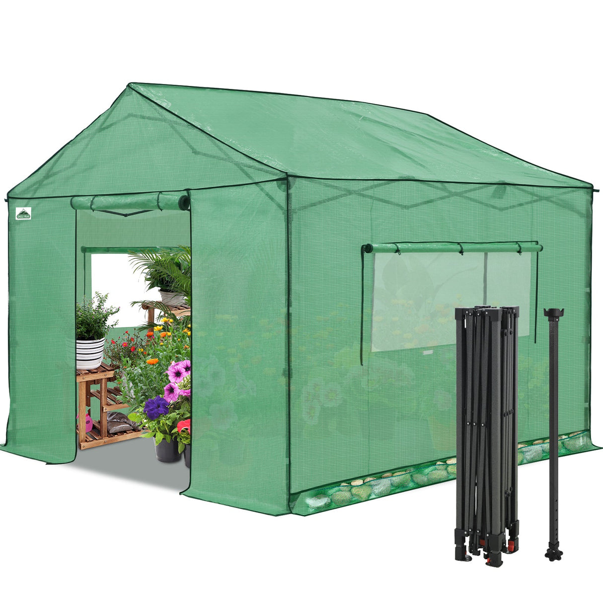 6x6/ 8x8/ 10x10 Portable Pop Up Greenhouse, Patented Center Lock with Gable Roof - Eagle Peak®