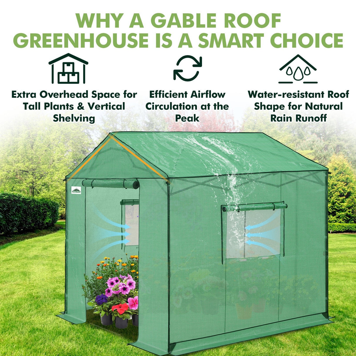 6x6/ 8x8/ 10x10 Portable Pop Up Greenhouse, Patented Center Lock with Gable Roof - Eagle Peak