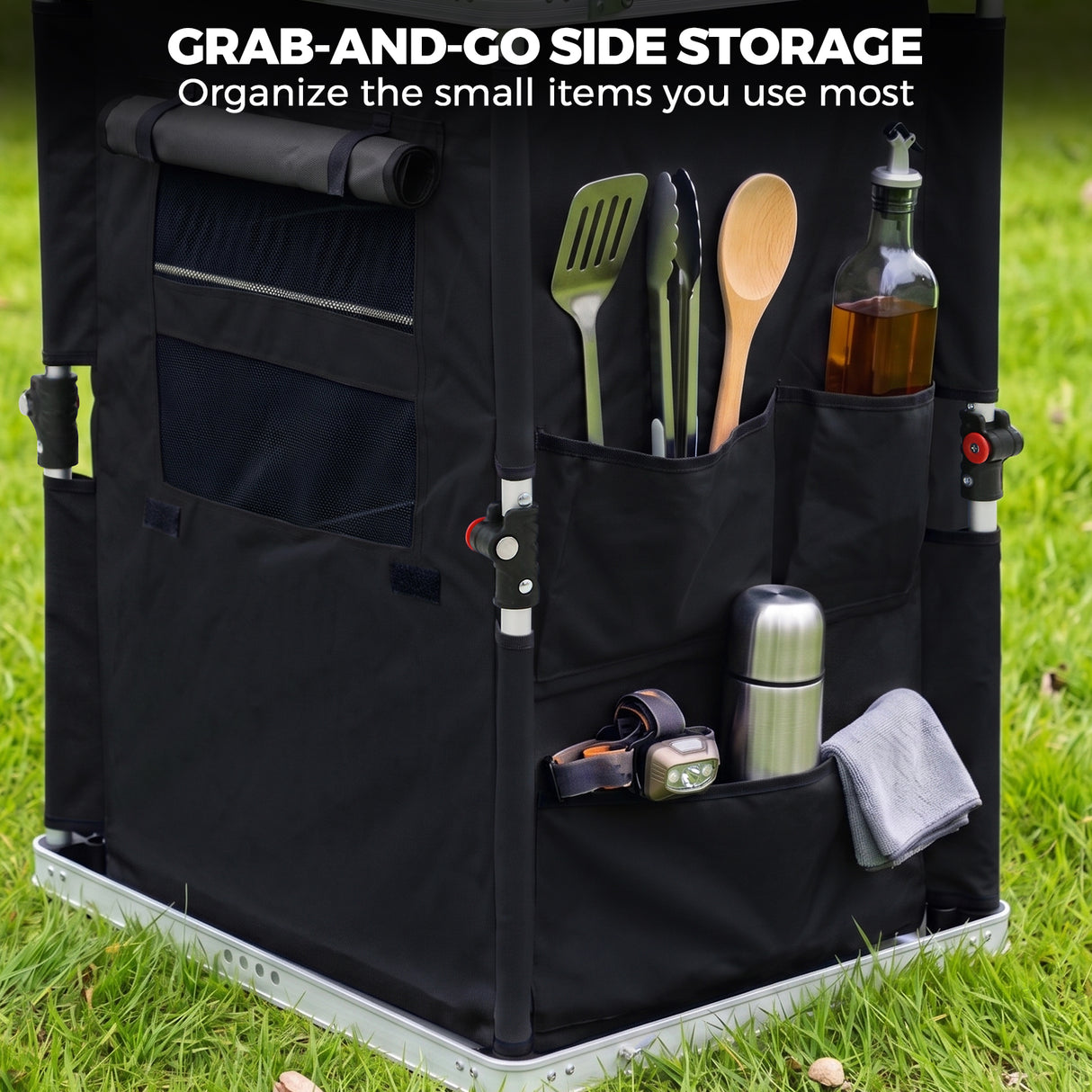Outdoor Camping Pop Up Folding Table with Large 3-Tier Storage Organizer and Side Pockets
