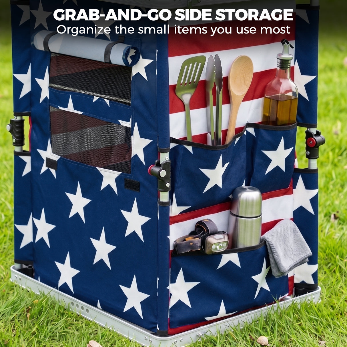 Outdoor Camping Pop Up Folding Table with Large 3-Tier Storage Organizer and Side Pockets