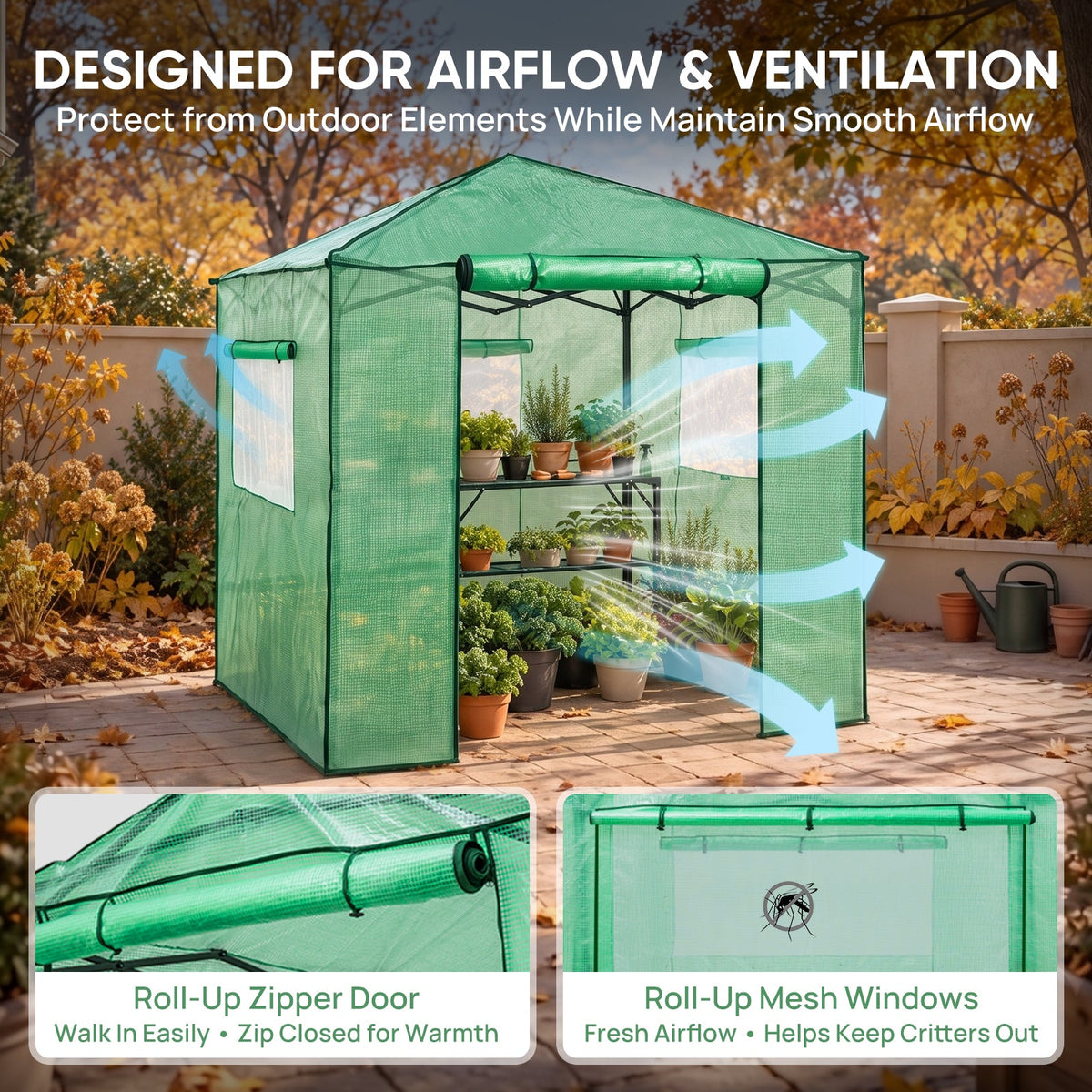 7x7 Easy Setup Pop Up Greenhouse, 2 Folding Shelves - Eagle Peak®