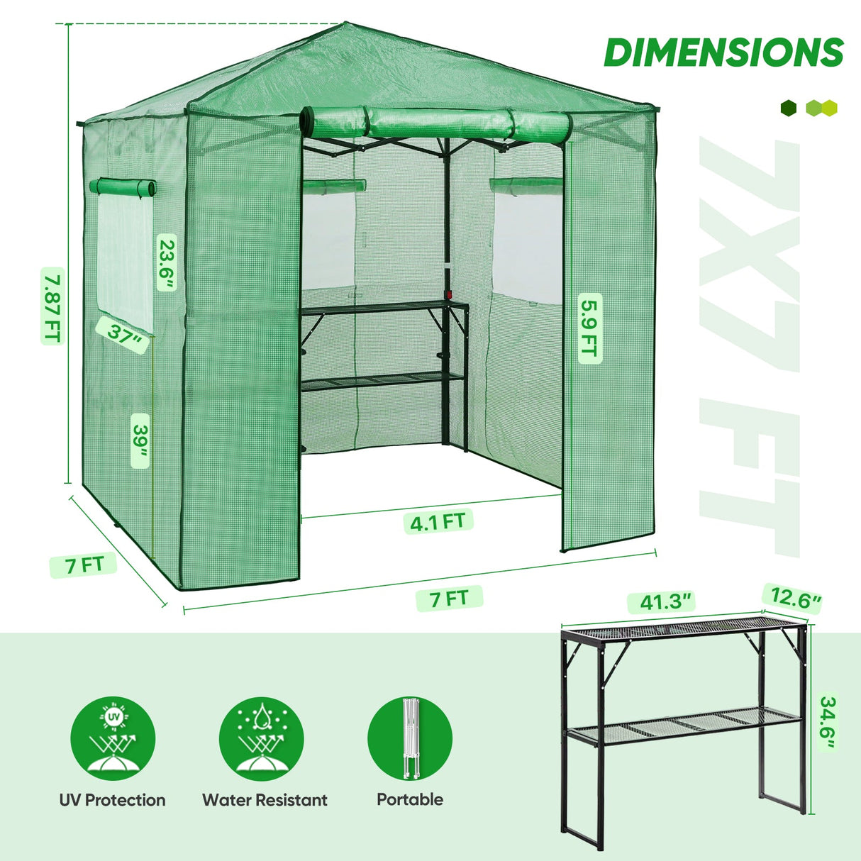 7x7 Pop up Greenhouse Portable Walk - in with 2 Foldable Shelves - Eagle Peak