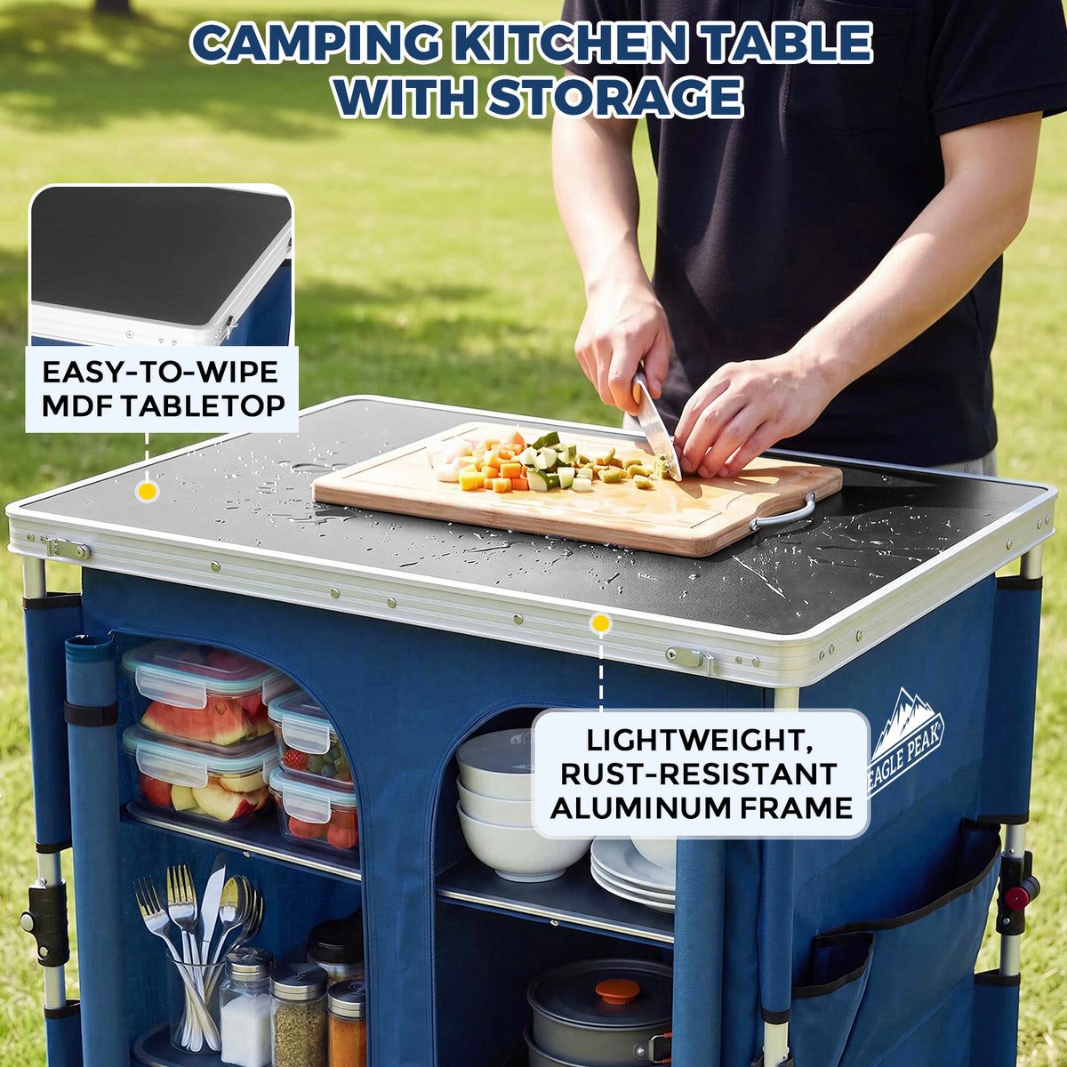 Double Camping Folding Table with Storage Organizer and Side Pockets