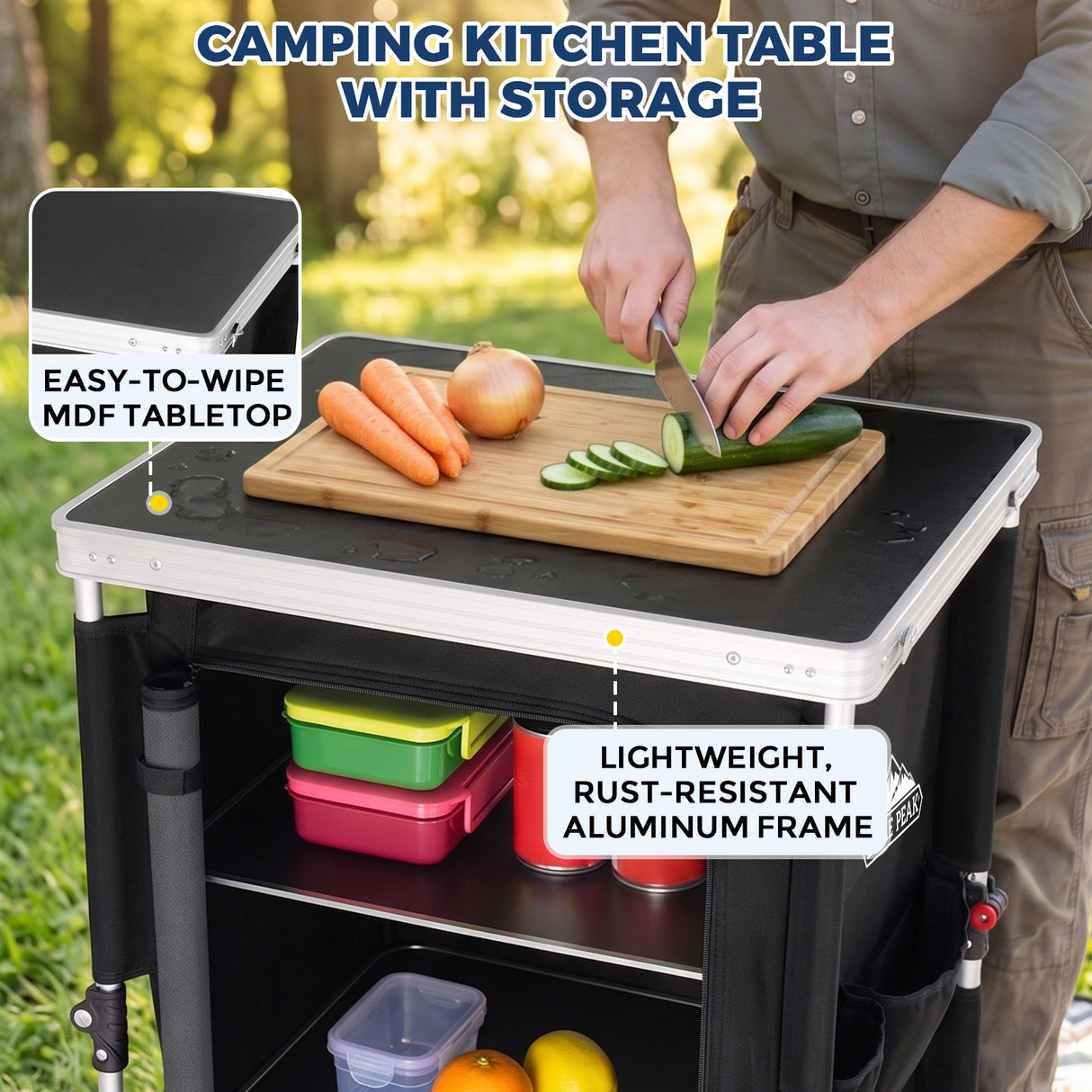 Outdoor Camping Pop Up Folding Table with Large 3-Tier Storage Organizer and Side Pockets