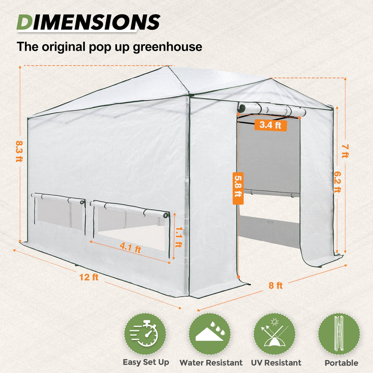 8x6/12x8 Portable Walk - in Greenhouse, Woven PE Top, White - Eagle Peak Custom Canopy Tent