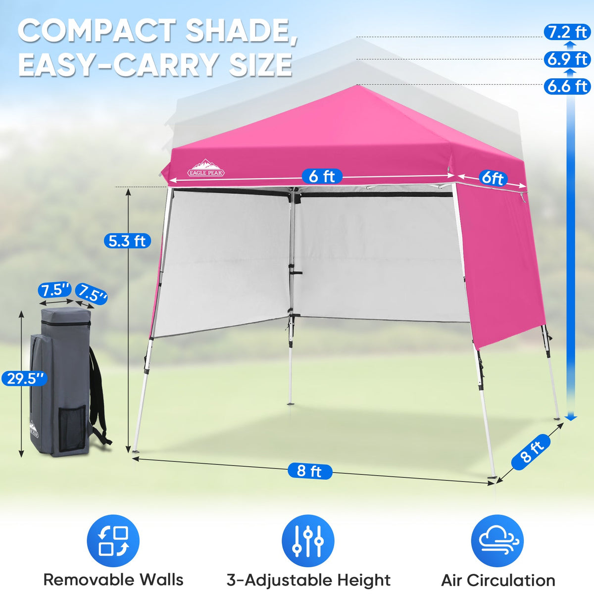 8x8 Pop Up Canopy Tent with 3 Half Walls, Compact - Eagle Peak®
