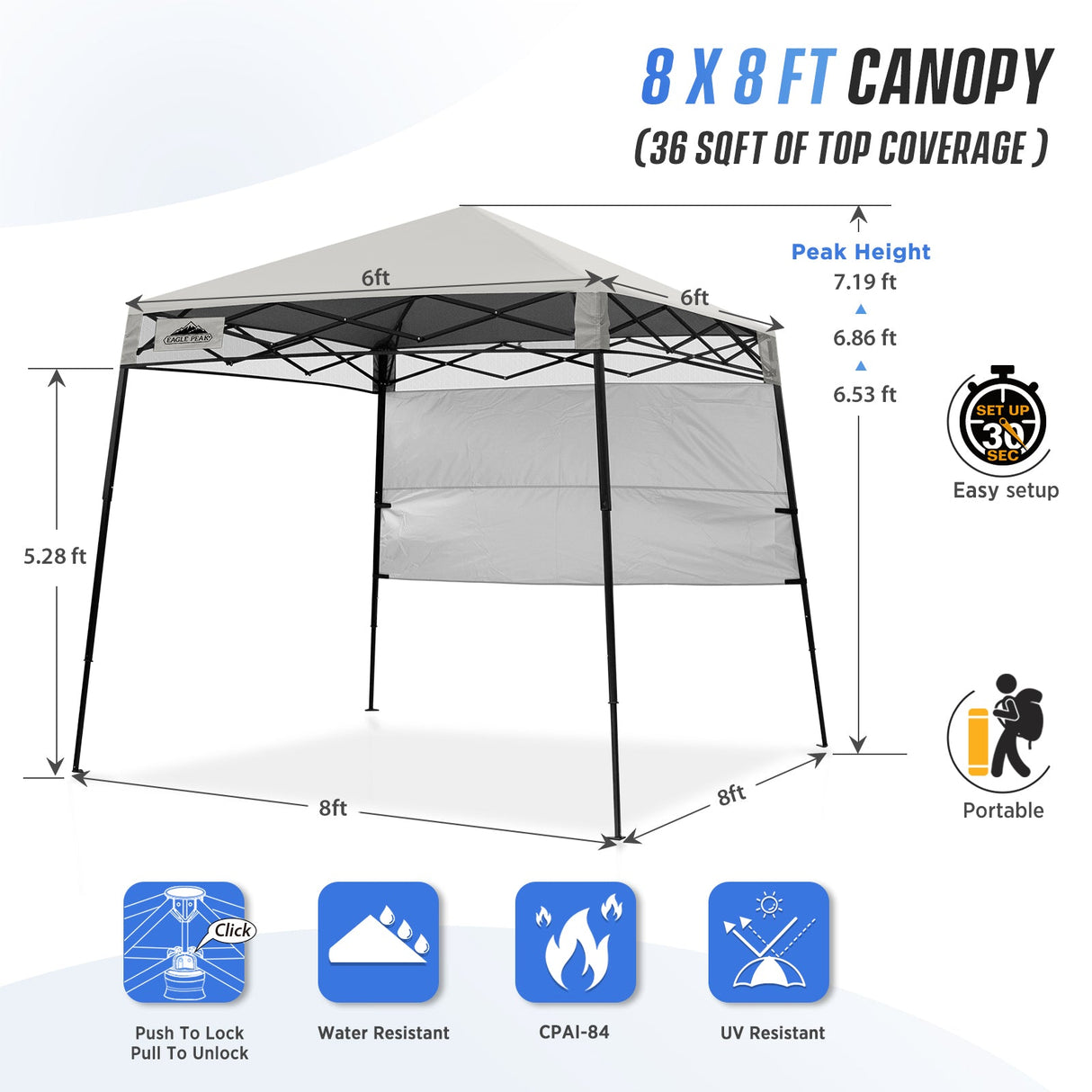 8x8 Pop Up Canopy Tent with Sidewall,8x8 Base 6x6 Top - Eagle Peak