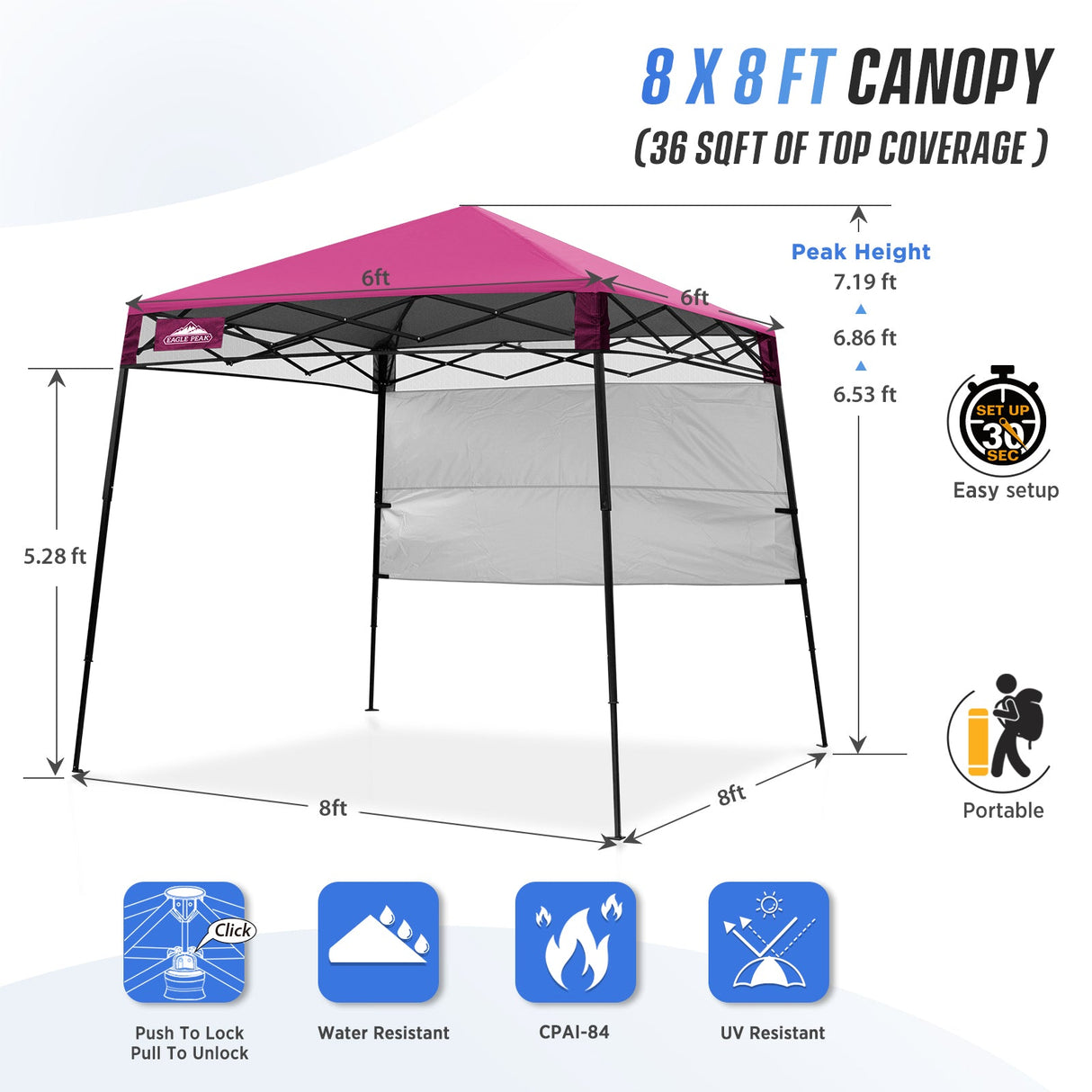 8x8 Pop Up Canopy Tent with Sidewall,8x8 Base 6x6 Top - Eagle Peak Custom Canopy Tent