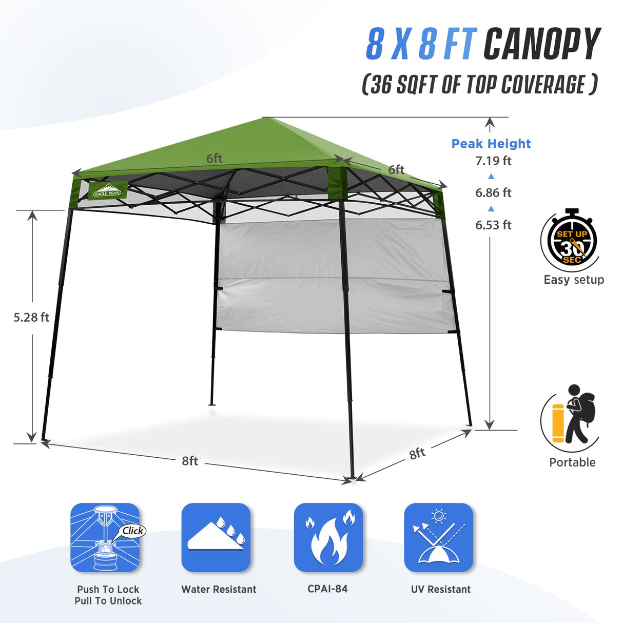 8x8 Pop Up Canopy Tent with Sidewall,8x8 Base 6x6 Top - Eagle Peak Custom Canopy Tent