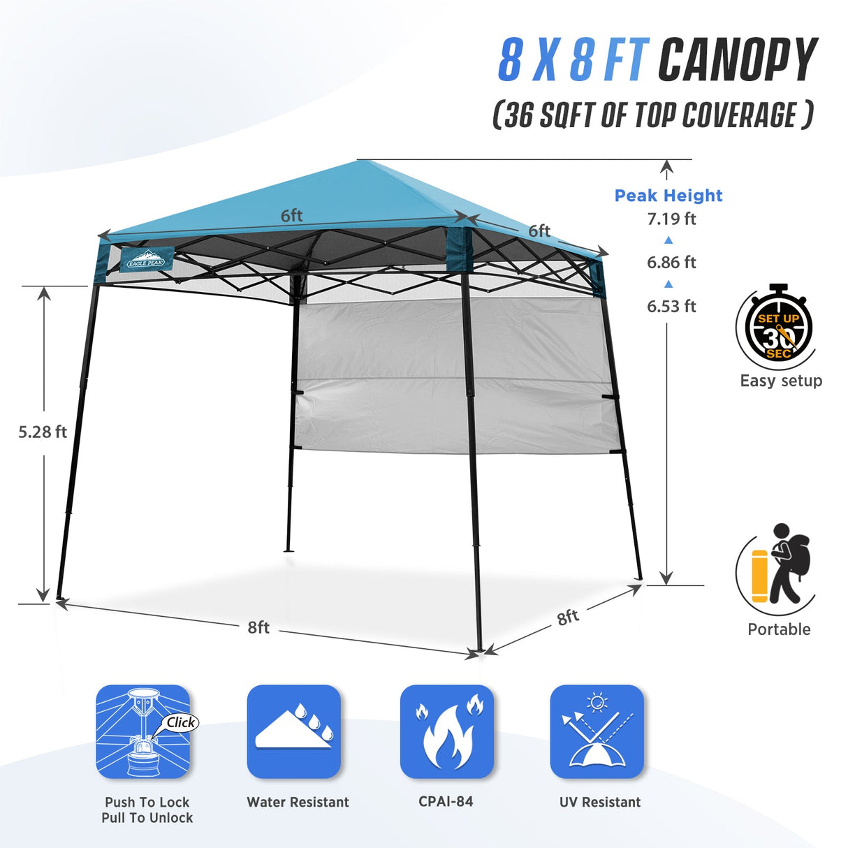 8x8 Pop Up Canopy Tent with Sidewall,8x8 Base 6x6 Top - Eagle Peak Custom Canopy Tent