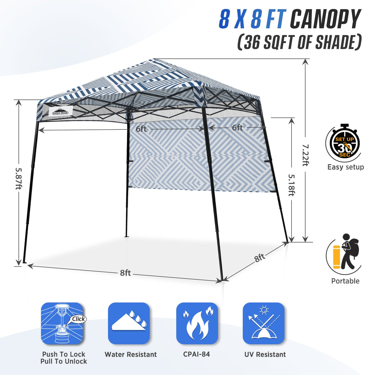 8x8 Pop Up Canopy Tent with Sidewall,8x8 Base 6x6 Top - Eagle Peak Custom Canopy Tent