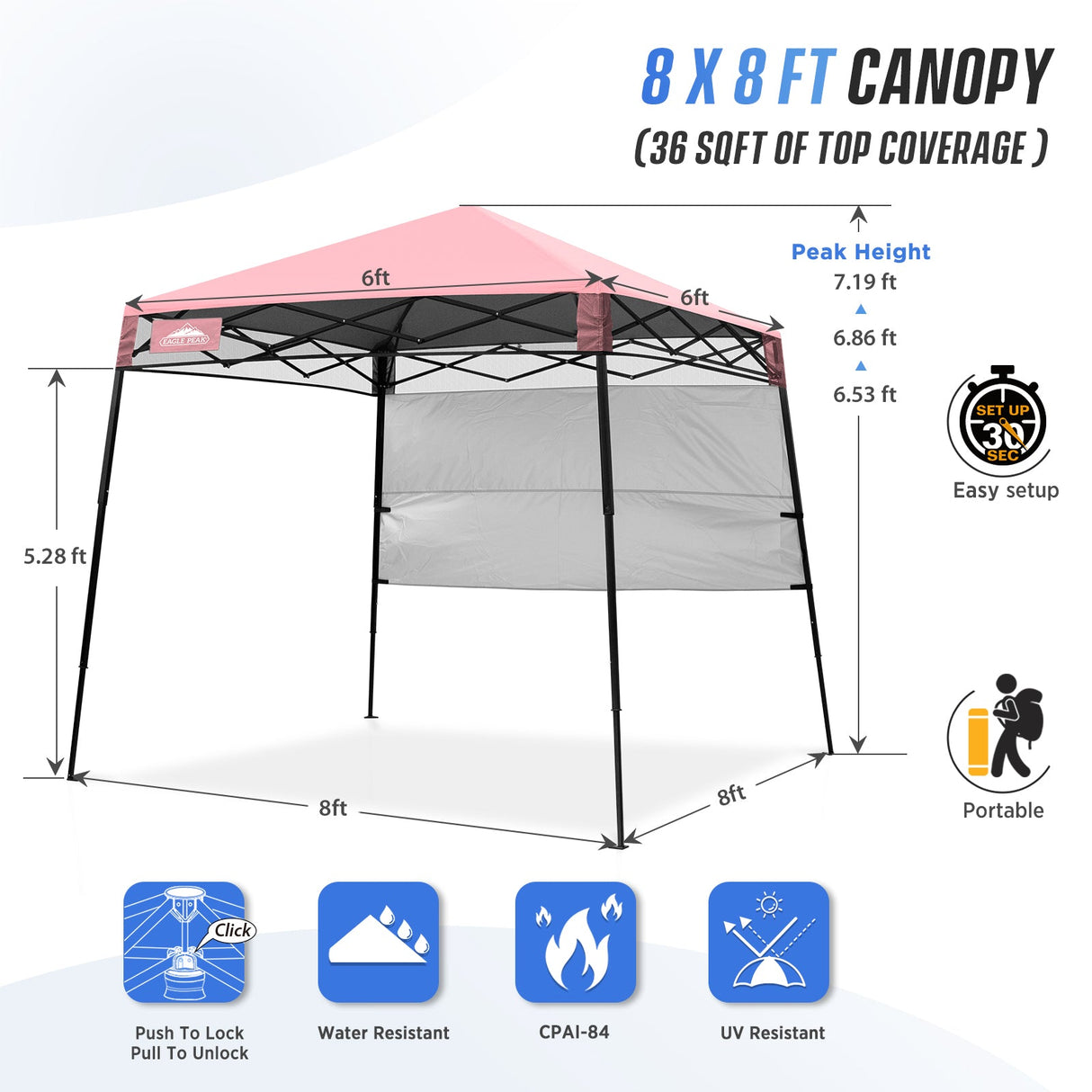 8x8 Pop Up Canopy Tent with Sidewall,8x8 Base 6x6 Top - Eagle Peak Custom Canopy Tent