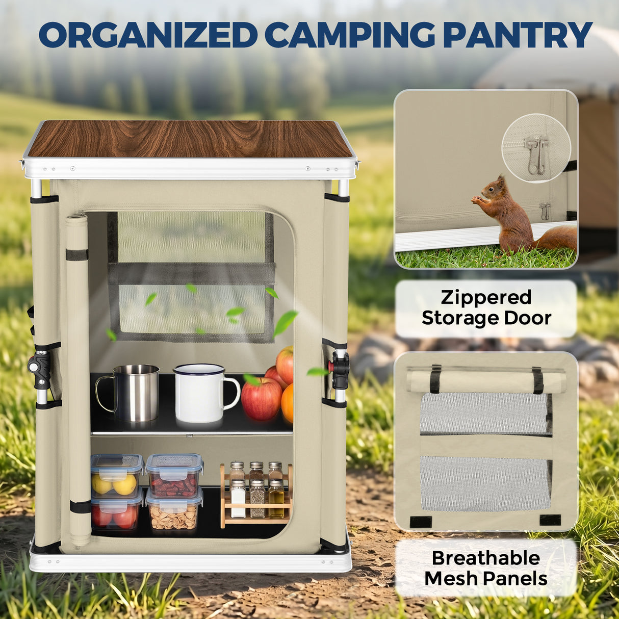 Outdoor Camping Pop Up Folding Table with Large 3-Tier Storage Organizer and Side Pockets