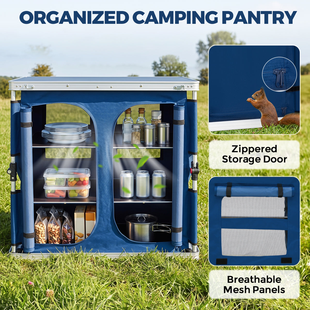Double Camping Folding Table with Storage Organizer and Side Pockets