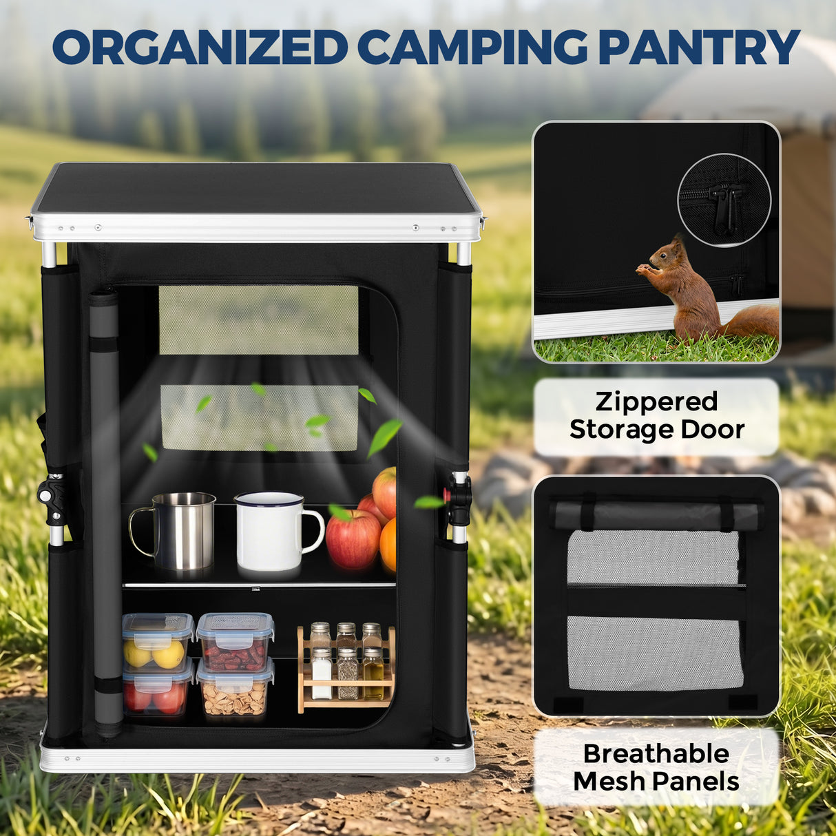 Outdoor Camping Pop Up Folding Table with Large 3-Tier Storage Organizer and Side Pockets