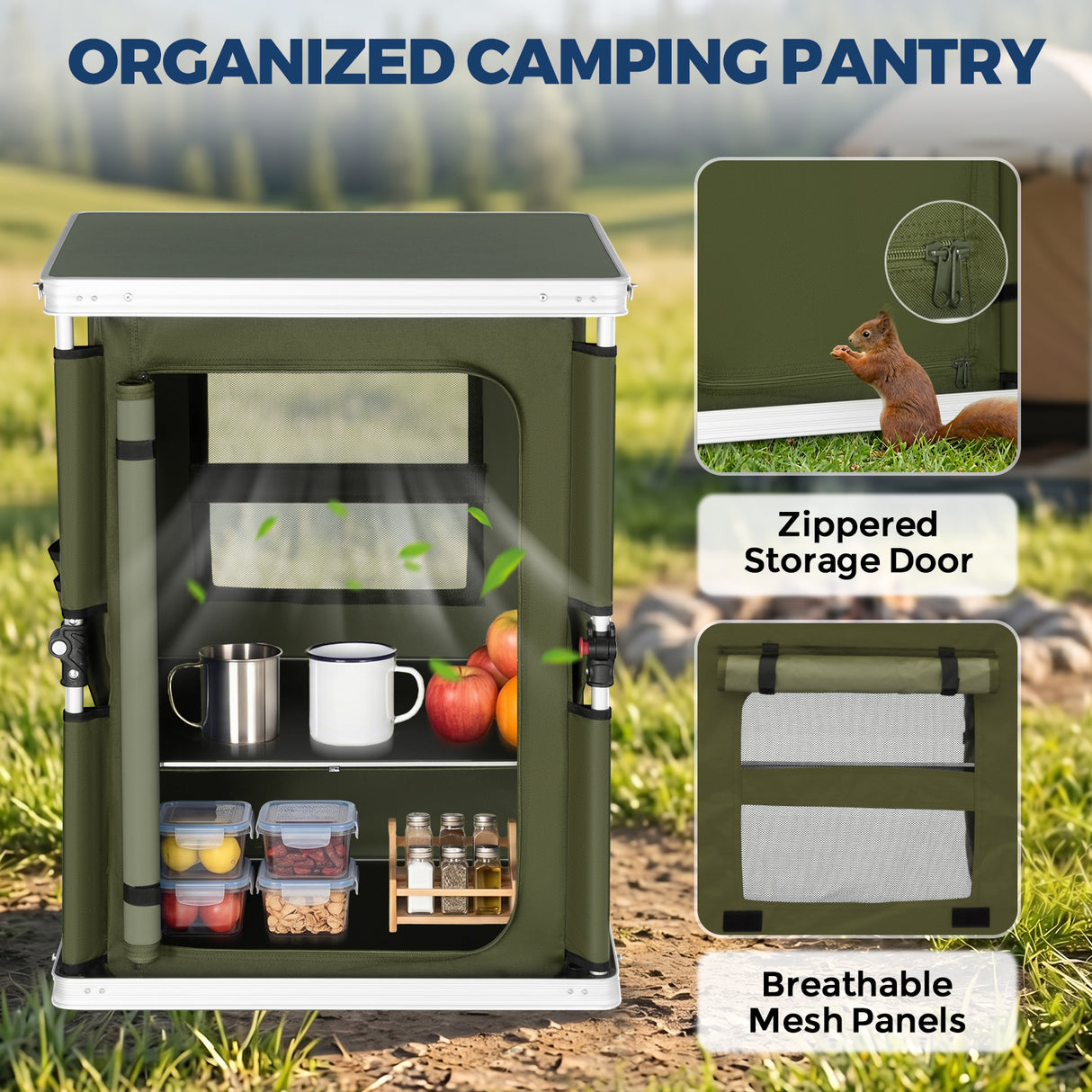 Outdoor Camping Pop Up Folding Table with Large 3-Tier Storage Organizer and Side Pockets