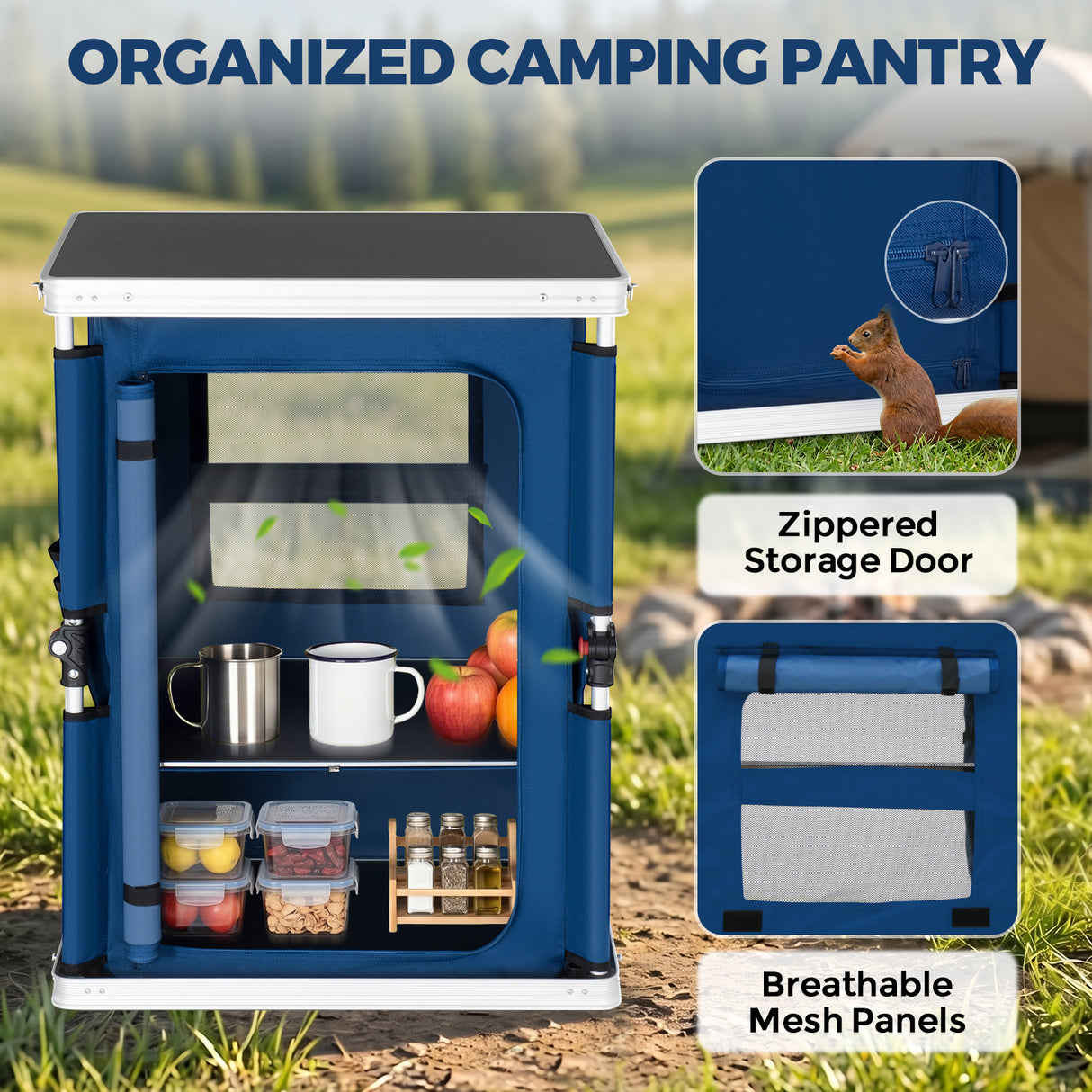 Outdoor Camping Pop Up Folding Table with Large 3-Tier Storage Organizer and Side Pockets