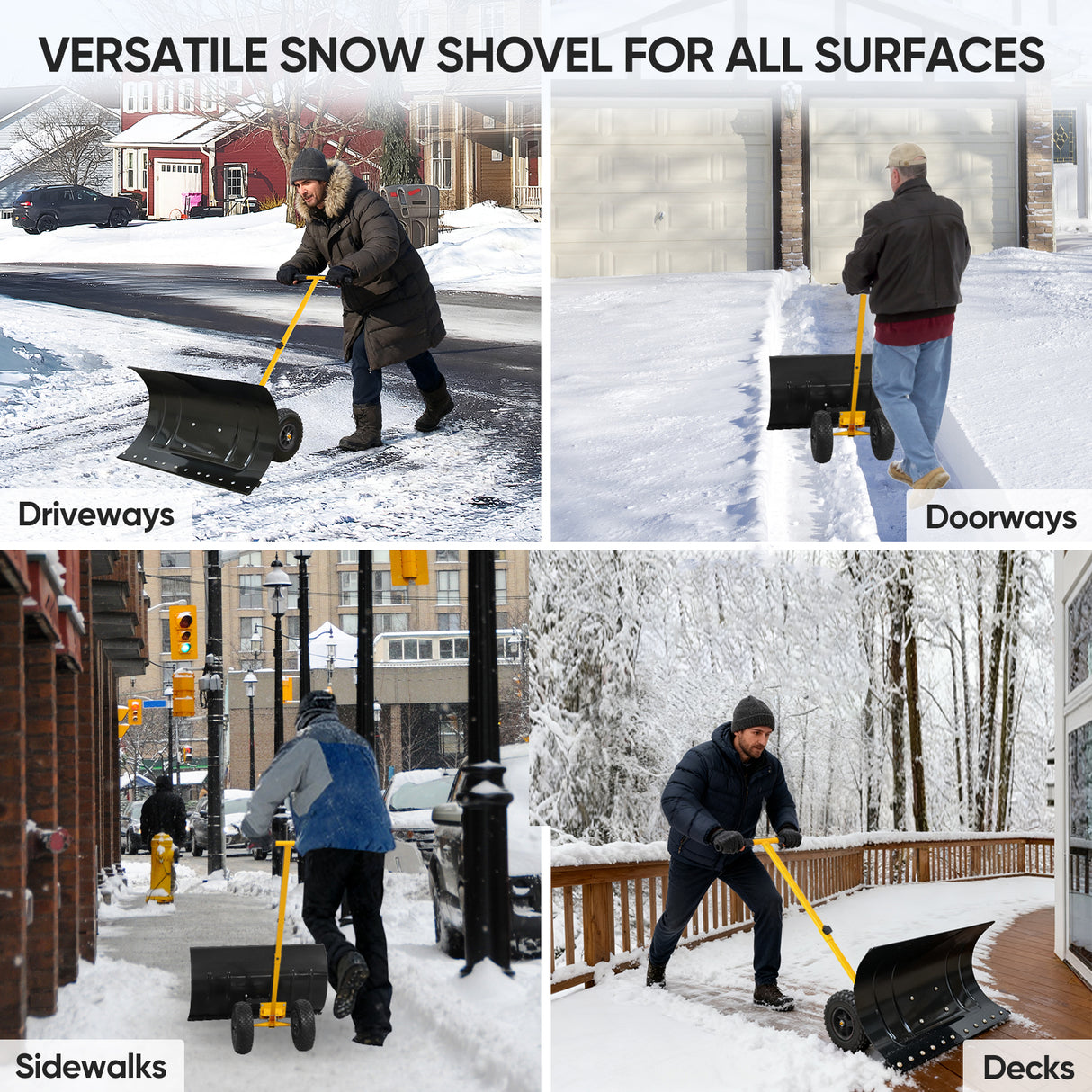 Wheeled Snow Shovel for Driveway 29”x16.5” Blade, Single/Dual Rod