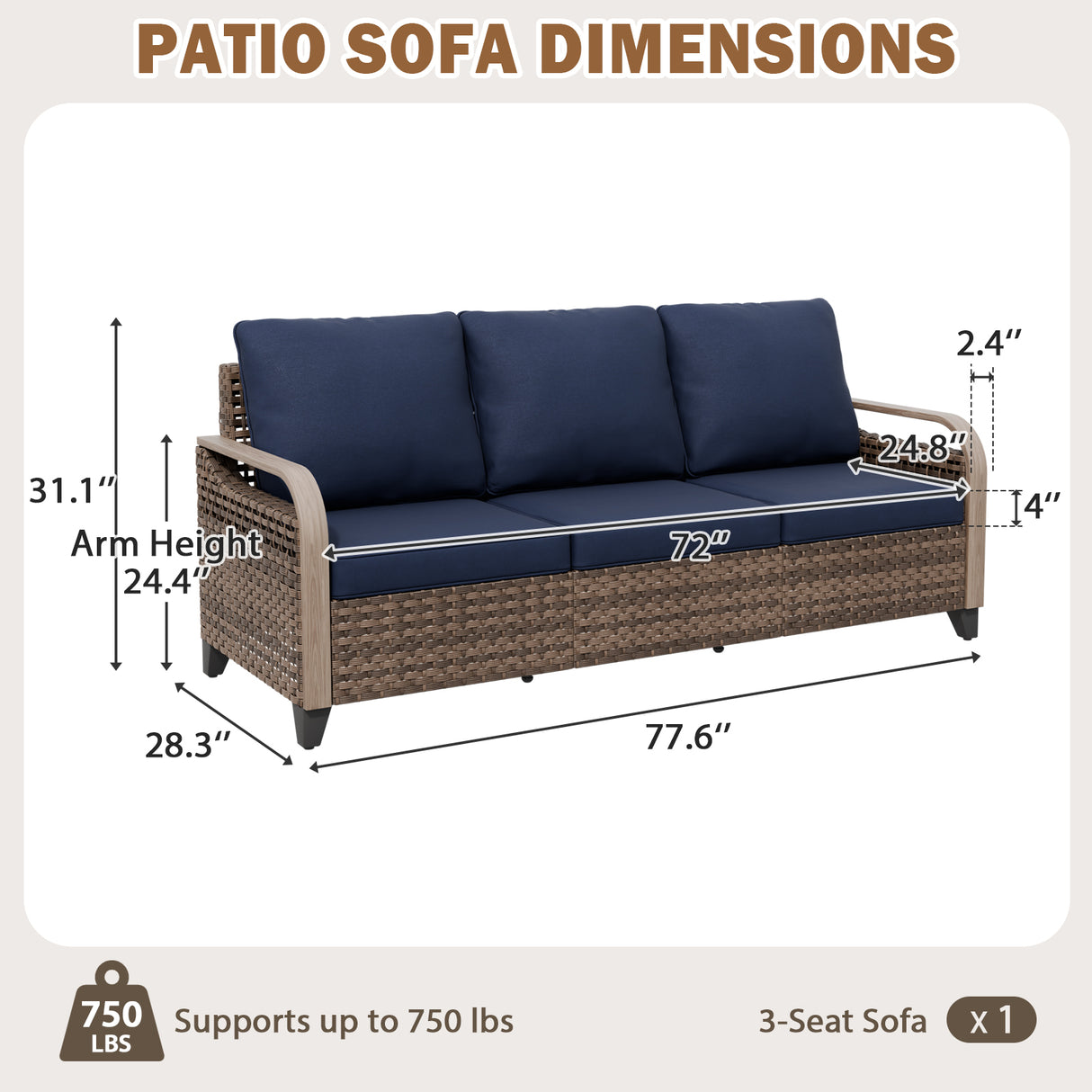 Modern Wicker Outdoor Patio 3 Seat Sofa, Brown/Gray