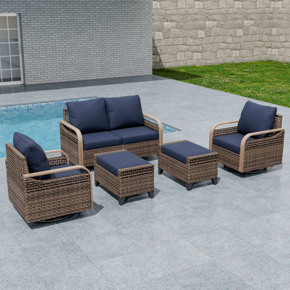 Modern Wicker Outdoor Patio Furniture Set, 5 Pieces, 2 Swivel Rocking Chairs, 2-Seat Loveseat and 2 Ottomans