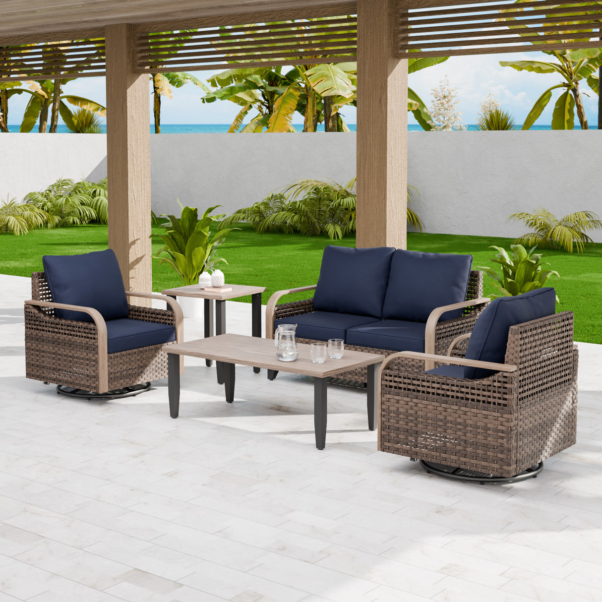 Modern Wicker Outdoor Patio Furniture Set,5 Pieces, 2 Swivel Rockers, 2-Seat Loveseat, Coffee Table and Side Table