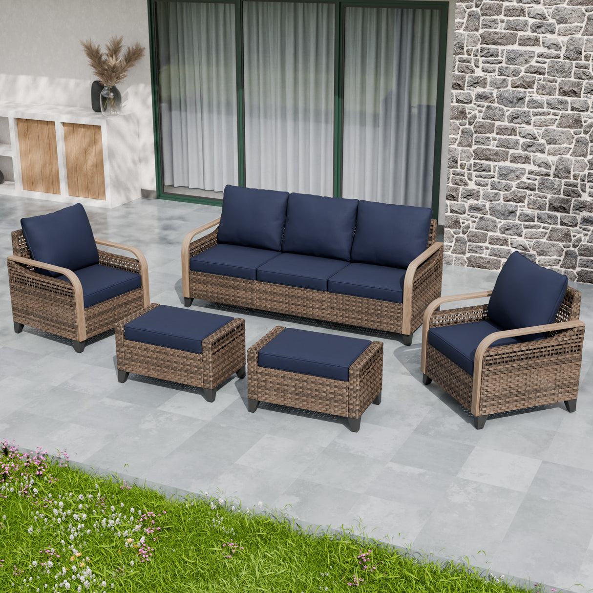 Modern Wicker Outdoor Patio Furniture Set,2 Patio Chairs, 3-Seat Loveseat and 2 Ottomans, 5 Pieces, Brown/Gray