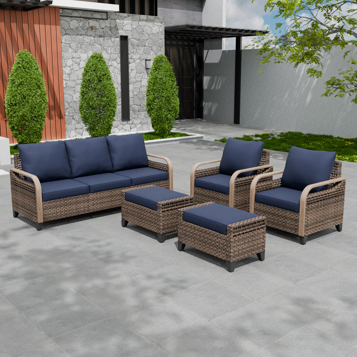 Modern Wicker Outdoor Patio Furniture Set,2 Patio Chairs, 3-Seat Loveseat and 2 Ottomans, 5 Pieces, Brown/Gray