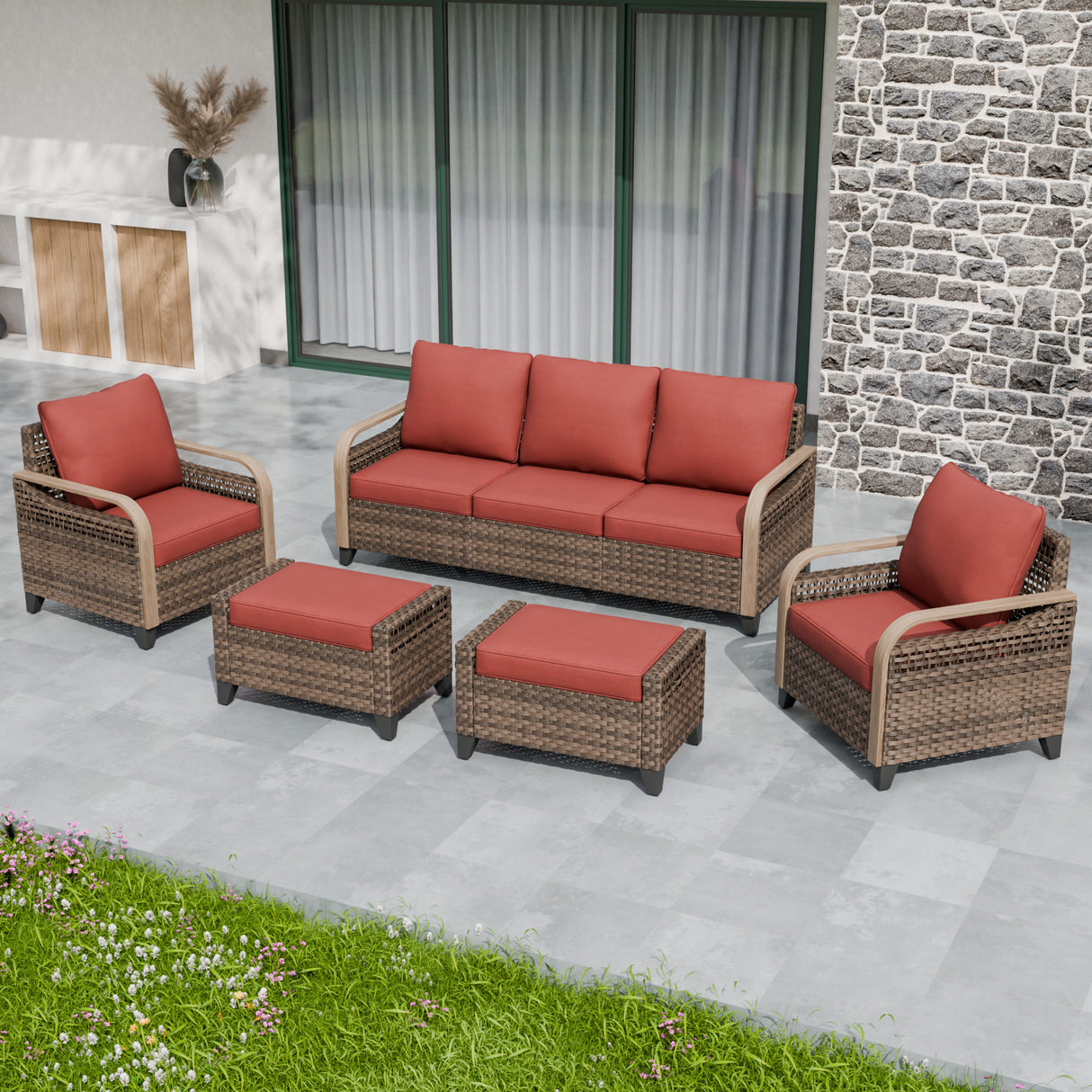 Modern Wicker Outdoor Patio Furniture Set,2 Patio Chairs, 3-Seat Loveseat and 2 Ottomans, 5 Pieces, Brown/Gray