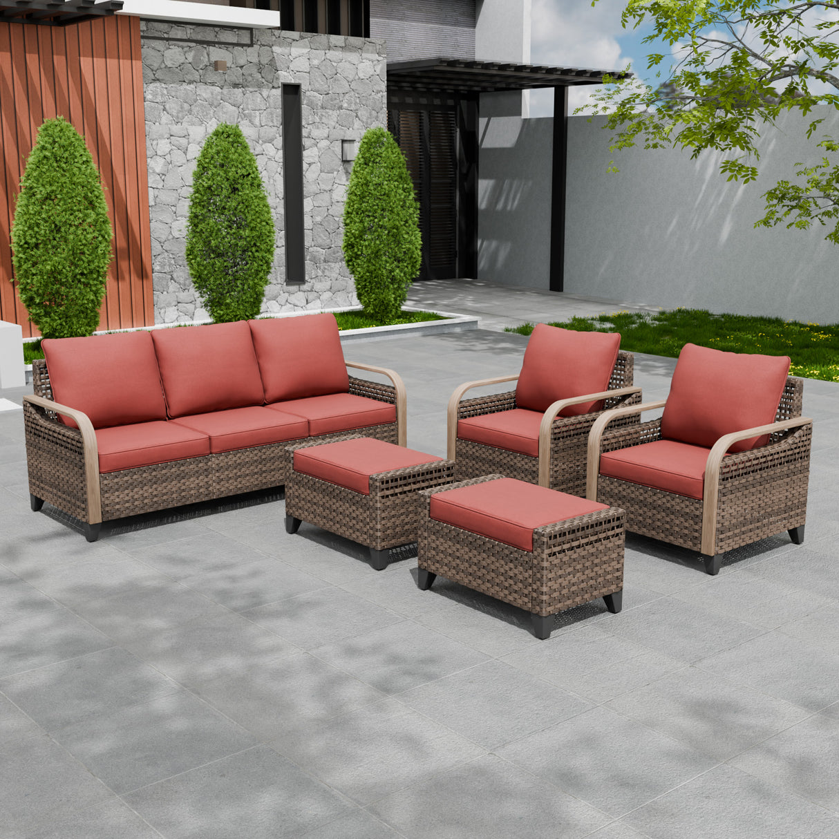 Modern Wicker Outdoor Patio Furniture Set,2 Patio Chairs, 3-Seat Loveseat and 2 Ottomans, 5 Pieces, Brown/Gray
