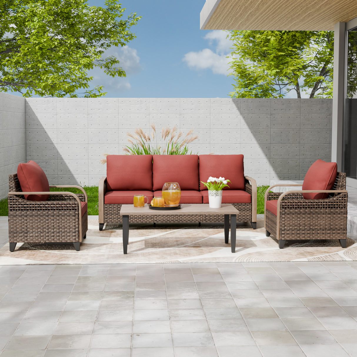 Modern Wicker Outdoor Patio Furniture Set,2 Patio Chairs, 3-Seat Loveseat and Coffee Table, 4 Pieces, Brown/Gray