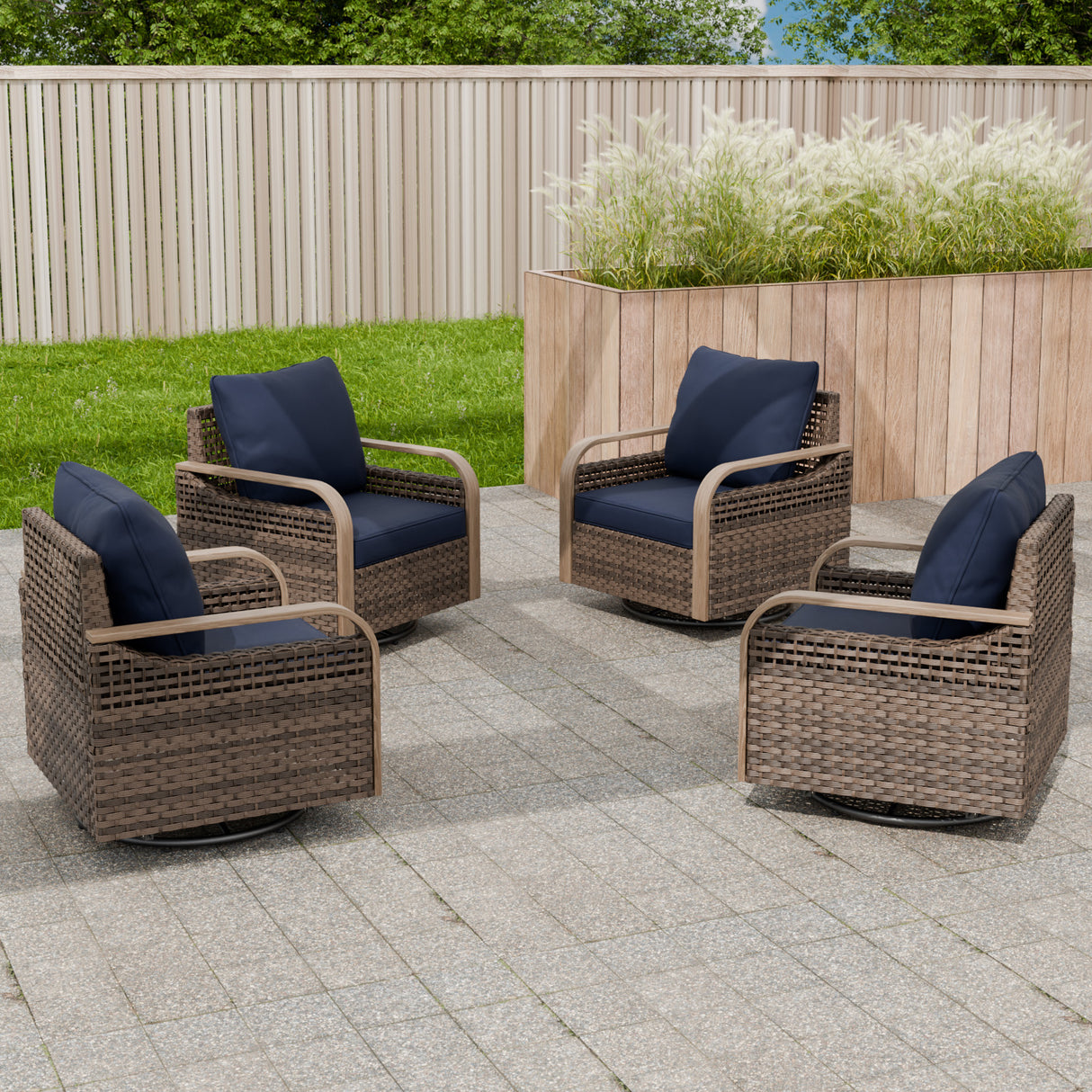 Modern Wicker Outdoor Glider Rocking Chair,4 Chairs, Brown/Gray