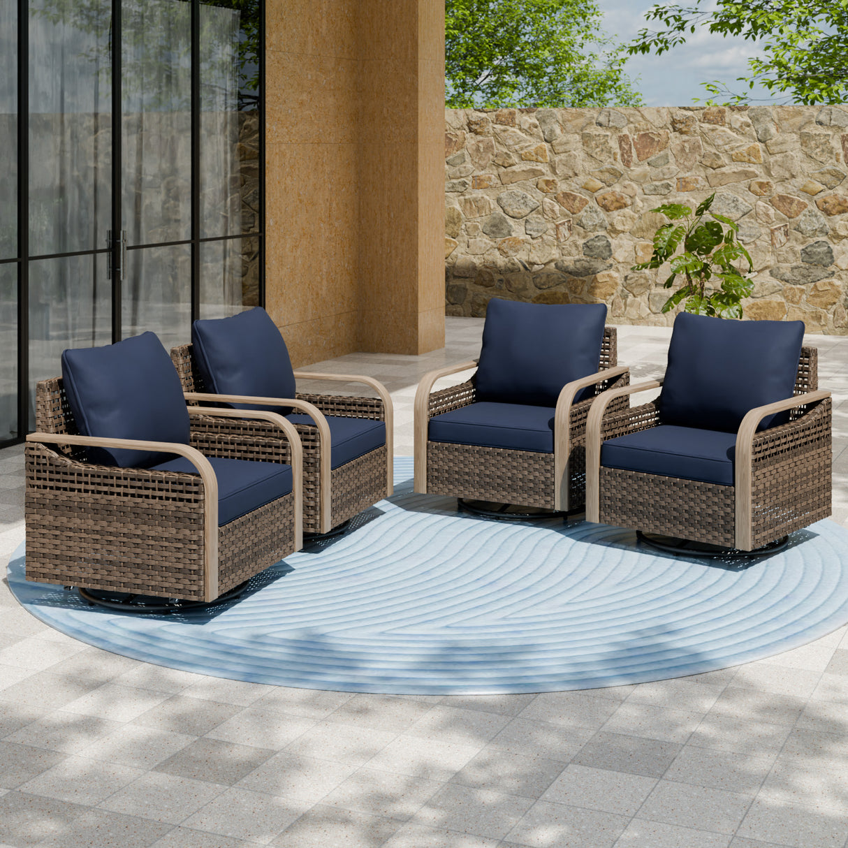 Modern Wicker Outdoor Glider Rocking Chair,4 Chairs, Brown/Gray