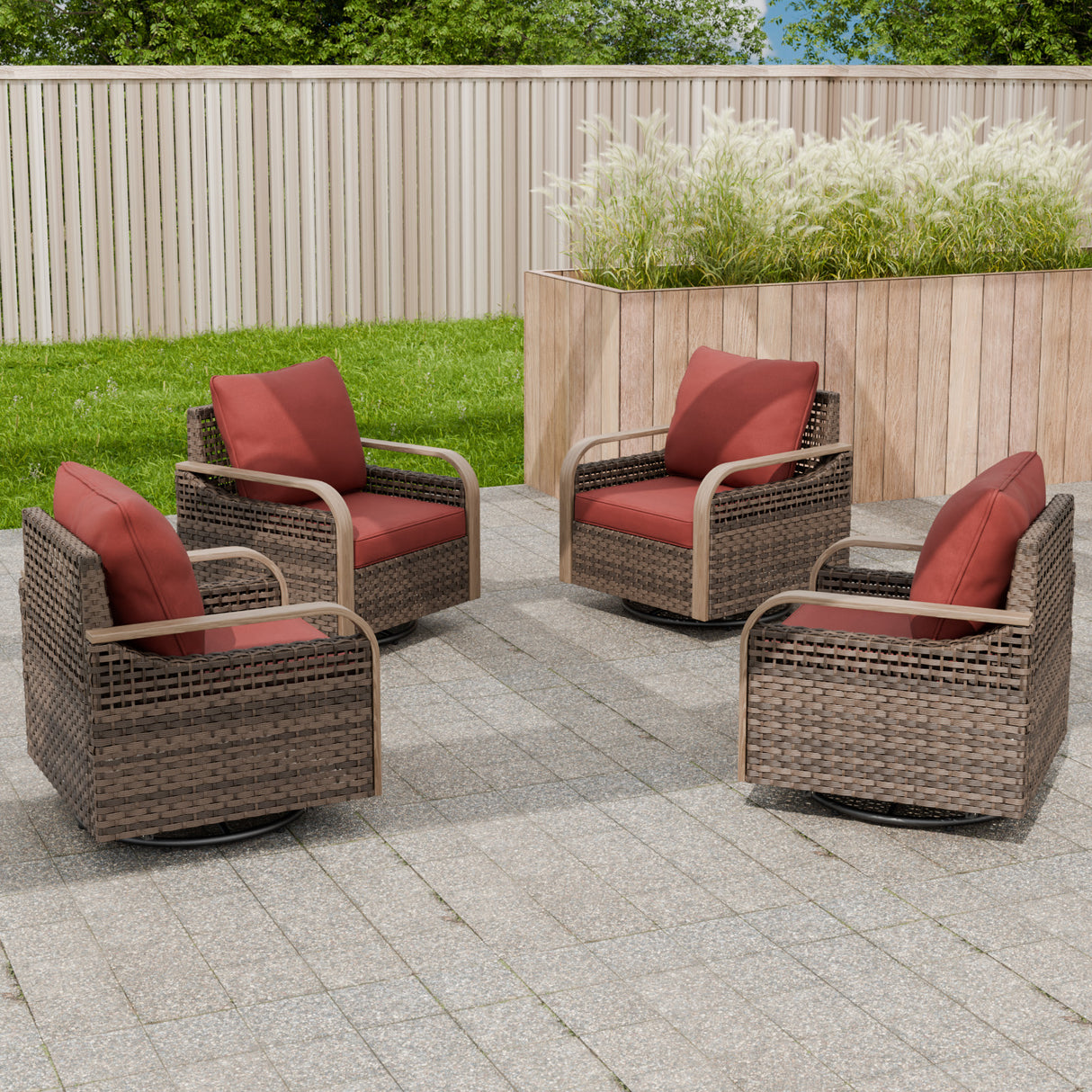 Modern Wicker Outdoor Glider Rocking Chair,4 Chairs, Brown/Gray