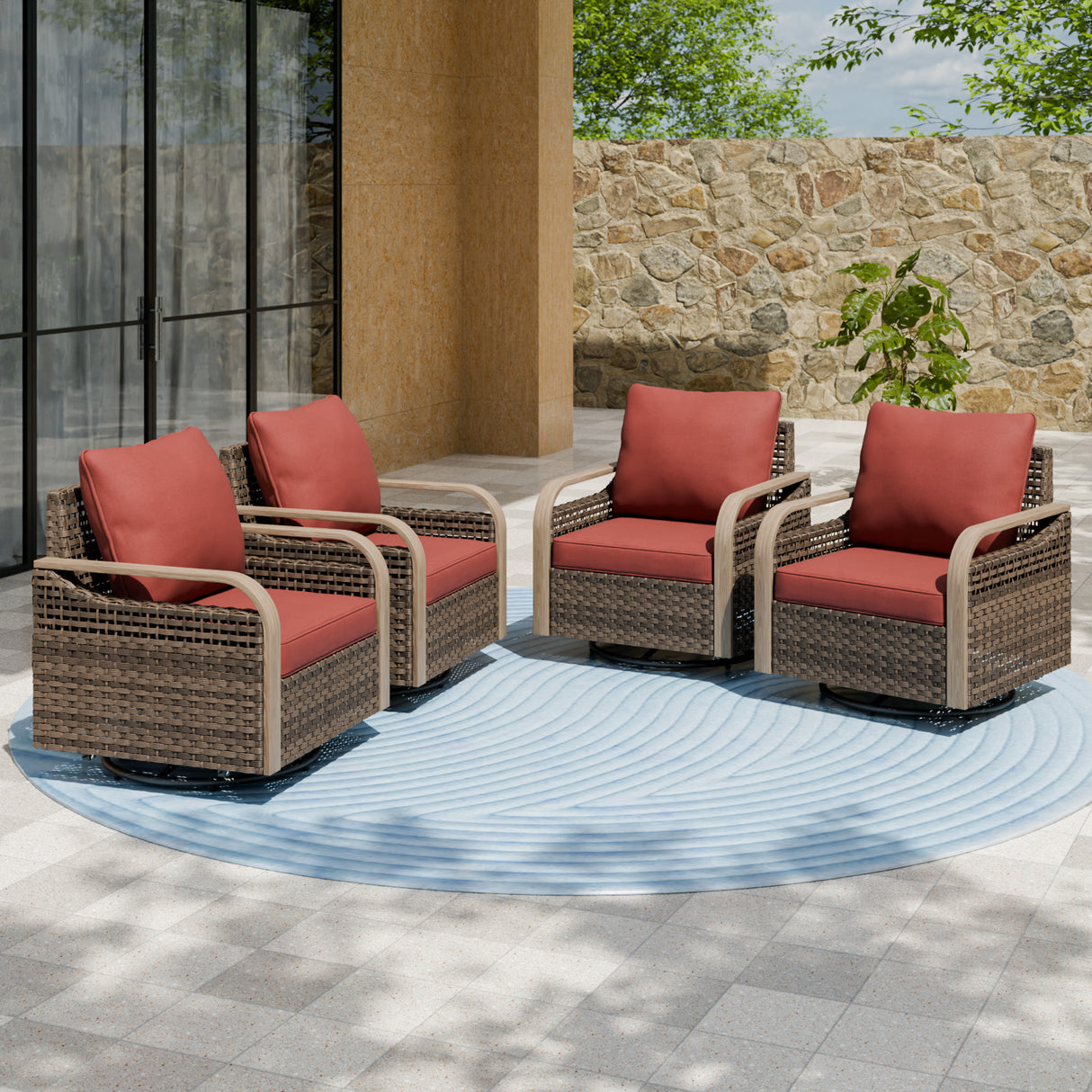 Modern Wicker Outdoor Glider Rocking Chair,4 Chairs, Brown/Gray